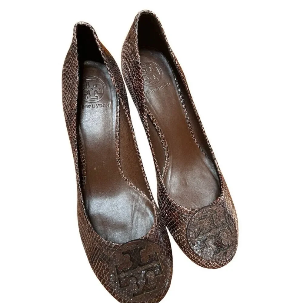 NWOB Tory Burch Amy Brown Snake Skin Leather Block Low Heels 10.5 US